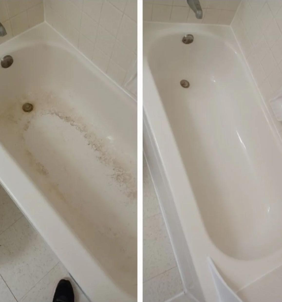 Before and after scrubbing of a bathtub with soap scum removed