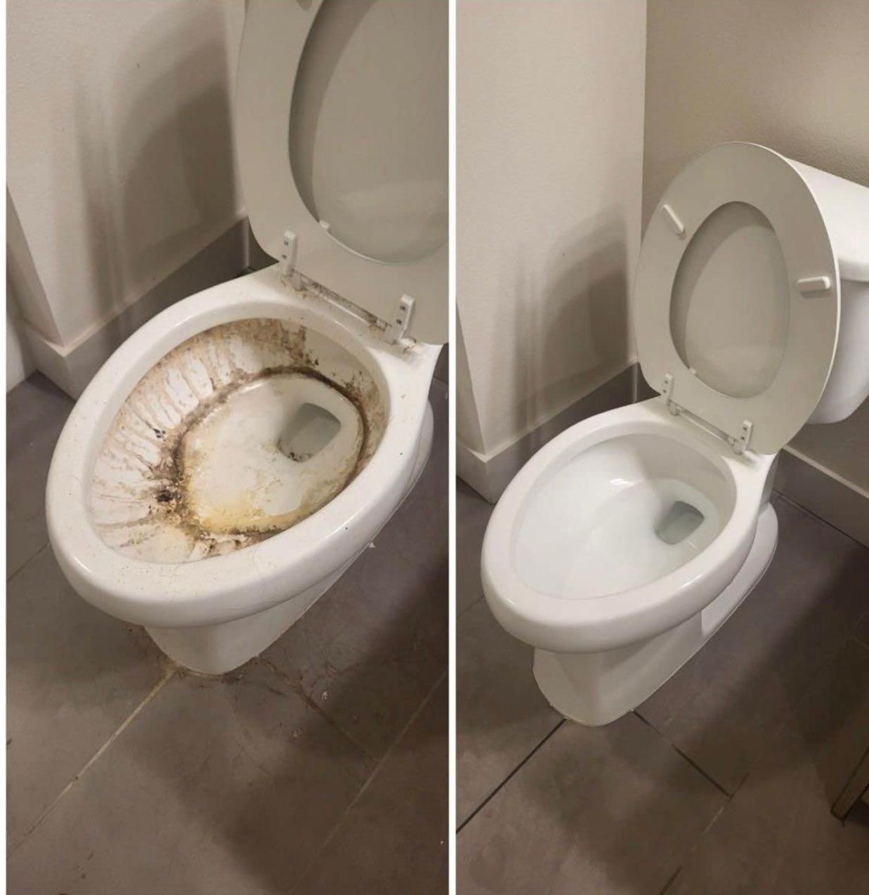 Before and after cleaning of a stained toilet bowl in a Kansas City home